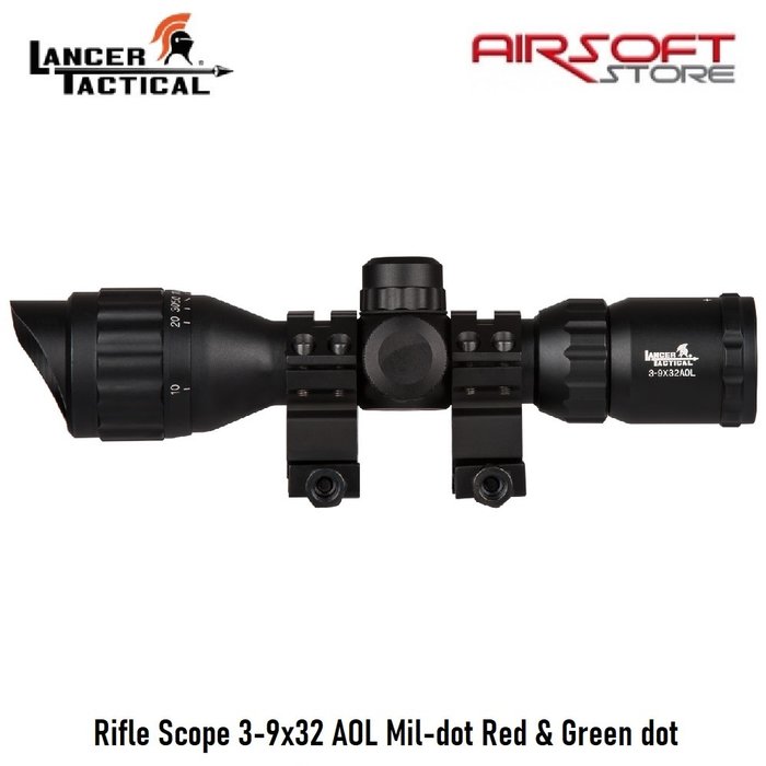 Lancer Tactical Rifle Scope 3-9x32 AOL Mil-dot Red & Green dot