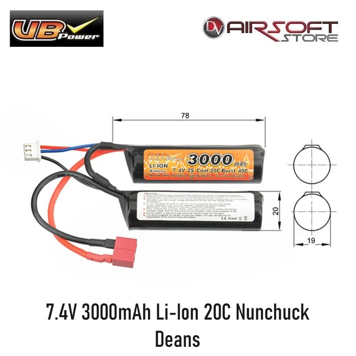 VB Power 7.4V 3000mAh Li-Ion 20C Nunchuck Deans