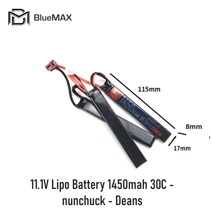 BLUEMAX 11.1V Lipo Battery 1450mah 30C - nunchuck - Deans