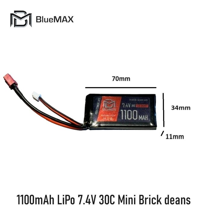 BLUEMAX 1100mAh LiPo 7.4V 30C Mini Brick deans