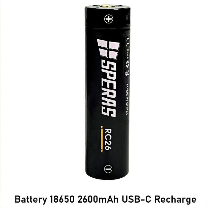 SPERAS Battery 18650 3.7V 2600mAh USB-C Recharge