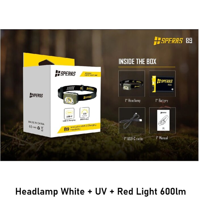 SPERAS Headlamp White + UV + Red Light 600lm