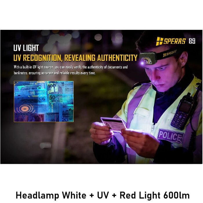 SPERAS Headlamp White + UV + Red Light 600lm