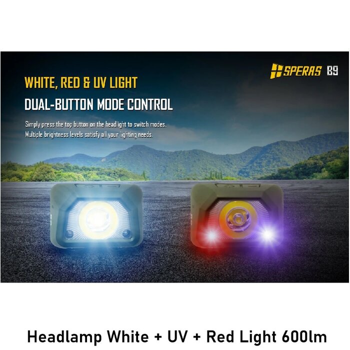 SPERAS Headlamp White + UV + Red Light 600lm