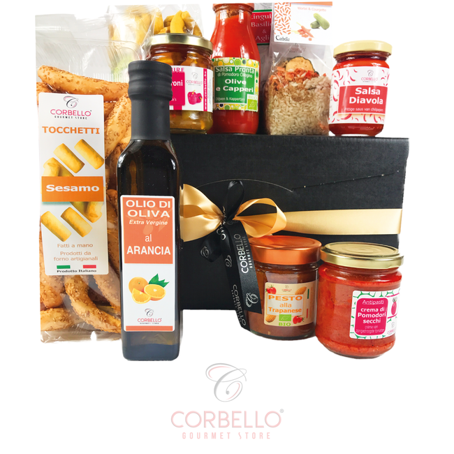 Geschenkmand 'Delights in a black box'