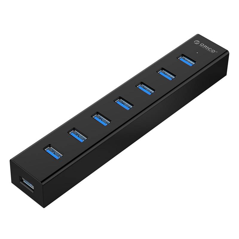 USB 3.0 hub with 7 ports in matt black design with 1 meter 5Gbps USB 3.0  data cable and extra USB power cable - Orico