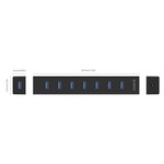 Orico USB 3.0 hub with 7 ports in matt black design with 1 meter 5Gbps USB 3.0 data cable and extra USB power cable