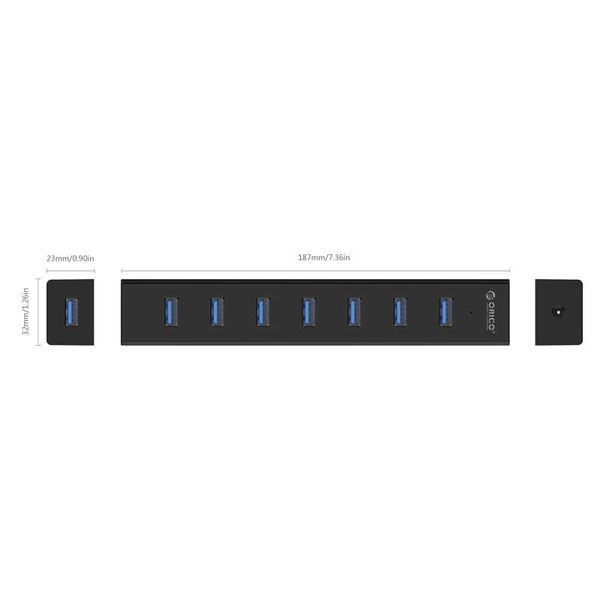 Orico USB 3.0 hub with 7 ports in matt black design with 1 meter 5Gbps USB 3.0 data cable and extra USB power cable