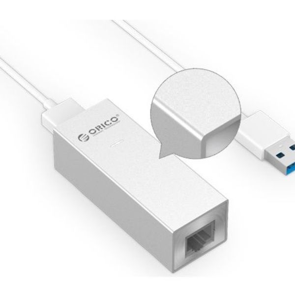 Orico aluminum USB3.0 to gigabit ethernet adapter - type-A to type-A / type-C cable - silver