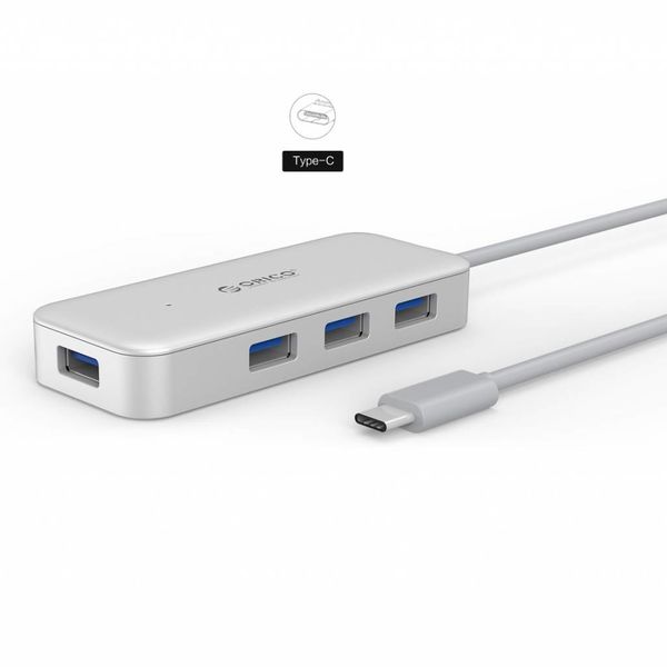 Orico Typ-C USB3.0 Hub mit 4 Ports Typ A - 5 Gbps - VIA Chip - Kabellänge 15 cm - Silber