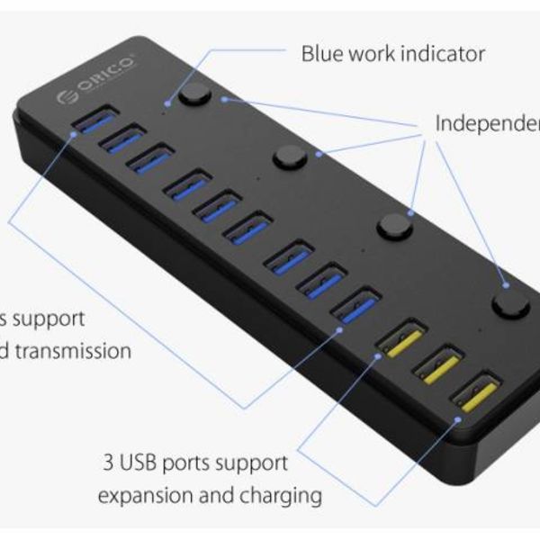 Orico Multifunktionaler USB 3.0-Hub mit 12 Anschlüssen und BC 1.2-Ladeanschlüssen