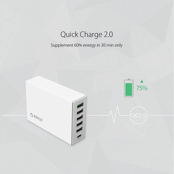 Orico Desktop-Ladegerät mit Quick Charge 2.0 mit 5 USB-Ladeanschlüssen vom Typ A und 1 USB-Ladeanschluss vom Typ C - bis zu 50 W - weiß