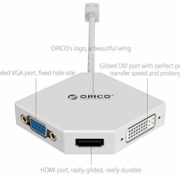 Orico Mini DisplayPort vers HDMI, adaptateur DVI et VGA - 4K - 17 cm - Blanc