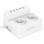 Orico Stekkerdoos met 2 Stopcontacten en 5 USB-Laadpoorten - Tablet/Smartphone Standaard - 2500W - Incl. aan/uit schakelaar en overspanningsbeveiliging - Wit