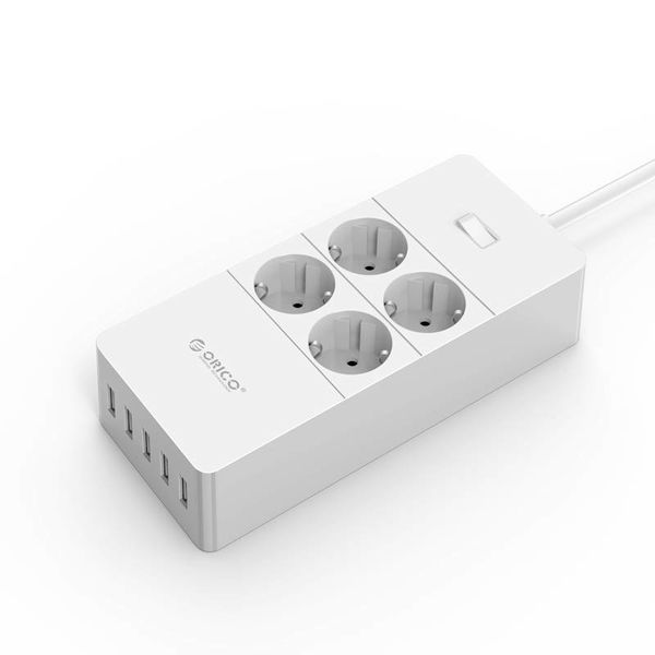 Orico multiprise avec quatre prises et cinq ports de charge USB - 4000W - Incl. interrupteur marche / arrêt - blanc