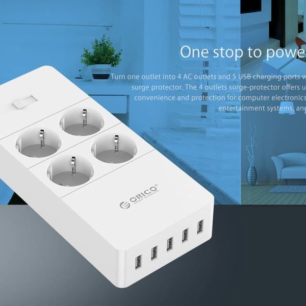 Orico multiprise avec quatre prises et cinq ports de charge USB - 4000W - Incl. interrupteur marche / arrêt - blanc