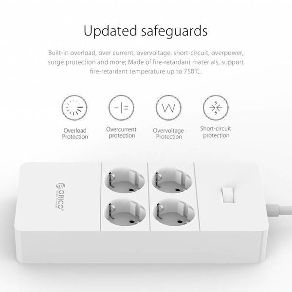 Orico multiprise avec quatre prises et cinq ports de charge USB - 4000W - Incl. interrupteur marche / arrêt - blanc