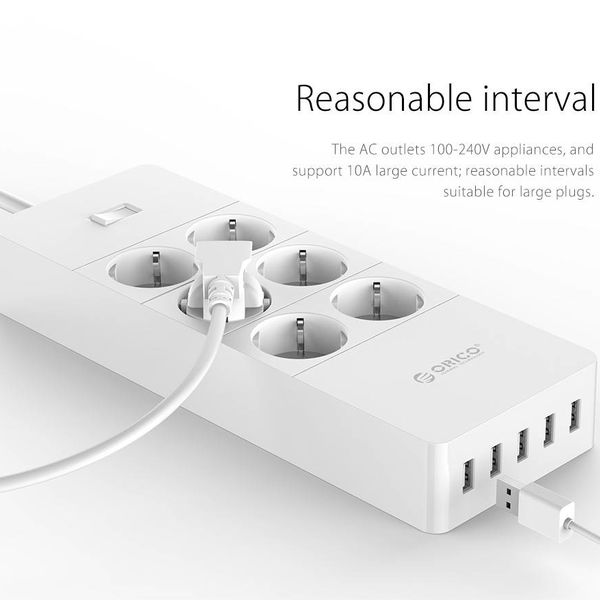 Orico prises de courant avec six et cinq ports de charge USB - 4000W - Blanc