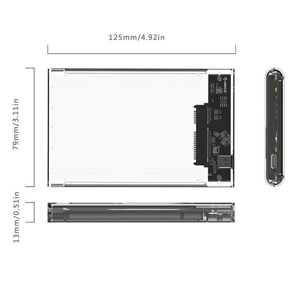 Orico 2.5 Inch Hard Disk Enclosure - Type-C - USB3.0 - SATA III - 5Gbps - UASP - ABS - Transparent