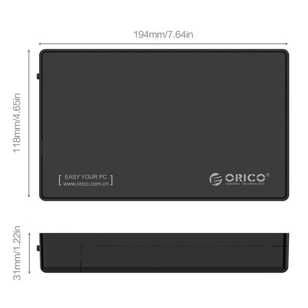 Orico Boîtier de disque dur de 3,5 pouces - Connexion de type C - SATA III - USB3.0 - 5 Gbit / s - HDD / SSD - avec câble de données de type C à Type A - Incl. Adaptateur secteur - Noir mat