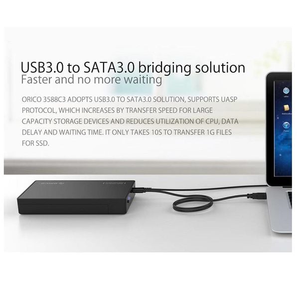 Orico 3.5 inch Hard Disk Enclosure - Type-C connection - SATA III - USB3.0 - 5Gbps - HDD / SSD - incl. Type-C to Type-A data cable - Incl. Power Adapter - Matt Black