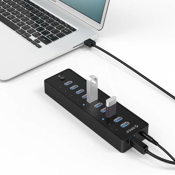 Orico USB 3.0 Hub 10 Typ-A Gates - BC1.2 - 5 Gbps - Incl. Daten-Kabel & Adapter - Ein- / Ausschalter - 30W - Schwarz