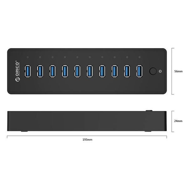 Orico USB3.0 Hub with 10 Type-A ports - BC1.2 - 5Gbps - Incl. Data cable & Power adapter - on / off switch - 30W - Black