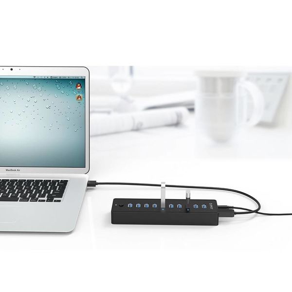 Orico USB3.0 Hub with 10 Type-A ports - BC1.2 - 5Gbps - Incl. Data cable & Power adapter - on / off switch - 30W - Black