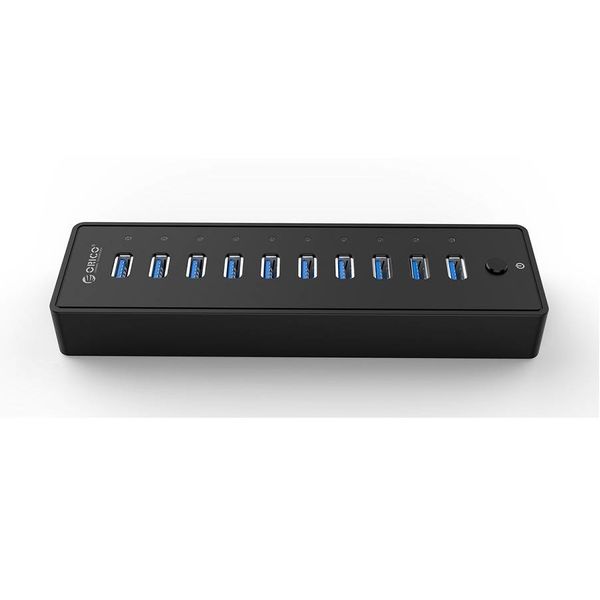 Orico USB3.0 Hub with 10 Type-A ports - BC1.2 - 5Gbps - Incl. Data cable & Power adapter - on / off switch - 30W - Black