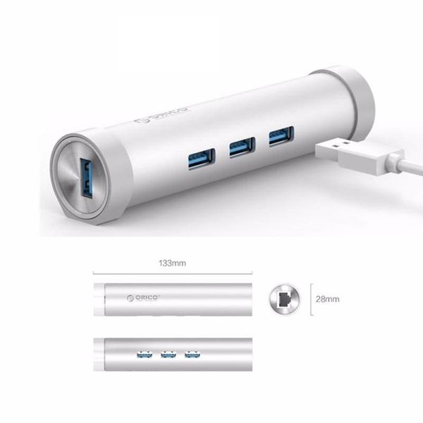 Orico Aluminium USB3.0 Hub mit 3 Typ-A-Anschlüssen 1 Ethernet-Anschluss - Typ-C und Typ-A - 5 Gbit / s - 10/100 / 1000 Mbit / s - RTL-Controller - Silber