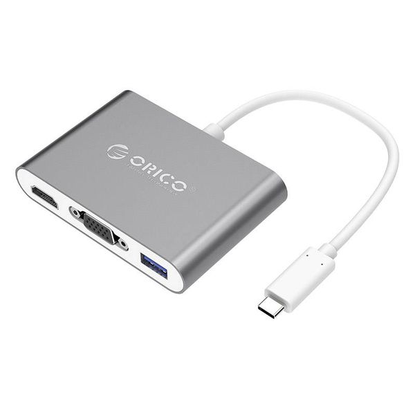 Orico moyeu en aluminium de type C à HDMI, VGA, USB 3.0 USB de type A et de type C - Power Delivery - 5 Gbps - 15CM Câble - Gris