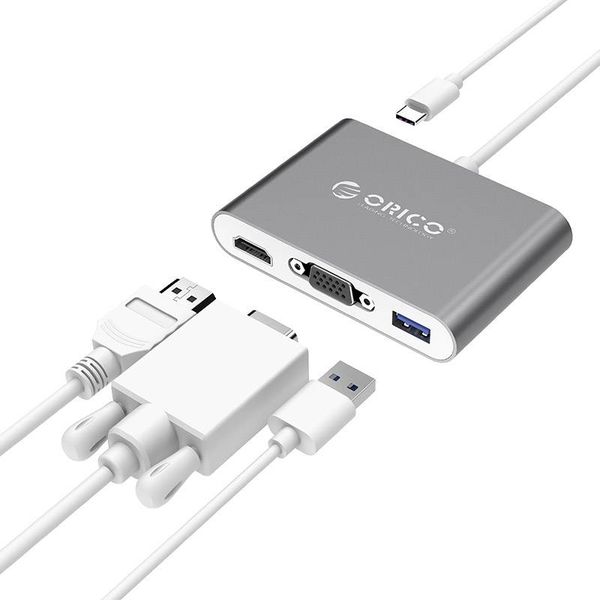 Orico Aluminium hub van Type-C naar HDMI, VGA, USB3.0 type-A en USB type-C - Power Delivery - 5Gbps - 15CM Kabel – Grijs