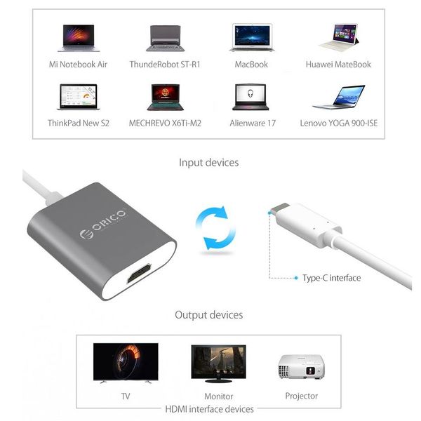Orico Aluminum Type-C to HDMI Adapter - 4K Ultra HD - for MacBook, Mi NoteBook Air, Huawei MateBook and Lenovo YOGA - Mac Style - 15CM Cable - Gray