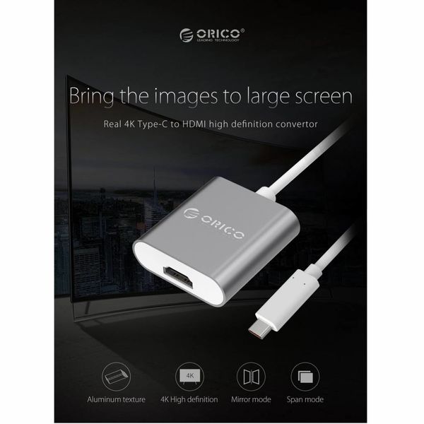 Orico Aluminium Typ C zu HDMI Adapter - 4K Ultra HD - für MacBook, Mi NoteBook Air, Huawei MateBook und Lenovo YOGA - Mac Style - 15CM Kabel - Grau