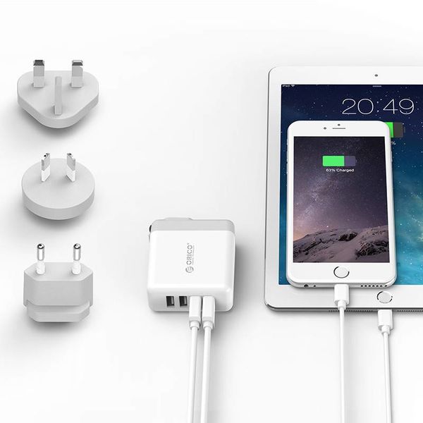 Orico World Travel Charger with 4x USB3.0 Ports - Incl. EU / UK / AUS connectors - 34W - White