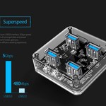 Orico Hub transparent avec 4 ports de type USB 3.0 A - 5 Gbps - Indicateur LED spécial - Câble de données 1 M