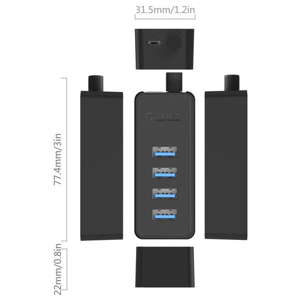 Orico USB3.0-Hub mit 4 USB 3.0 Typ A Ports - 5 Gbps - 100CM Datenkabel - OTG-Funktion - für Windows, Linux und Mac OS - schwarz