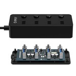 Orico USB3.0-Hub mit 4 Typ-A-Anschlüssen - 4x Ein / Aus-Schalter - 4 LED-Anzeigen - 5 Gbit / s - 30CM USB3.0-Datenkabel - für Windows, Linux und Mac OS - Schwarz