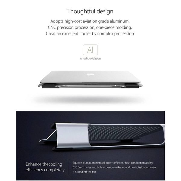 Orico Multifunctionele Aluminium Laptopstandaard/Cooling Pad - Warmtegeleiding, Kabelmanagement en Ergonomische houding - voor Laptops tot 15 Inch - Mac Style - Zilver