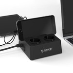 Orico Stekkerdoos met 5 USB-Laadpoorten en 2 Stopcontacten - Tablet/Smartphone Standaard - 2500W - Incl. aan/uit schakelaar en overspanningsbeveiliging - Zwart