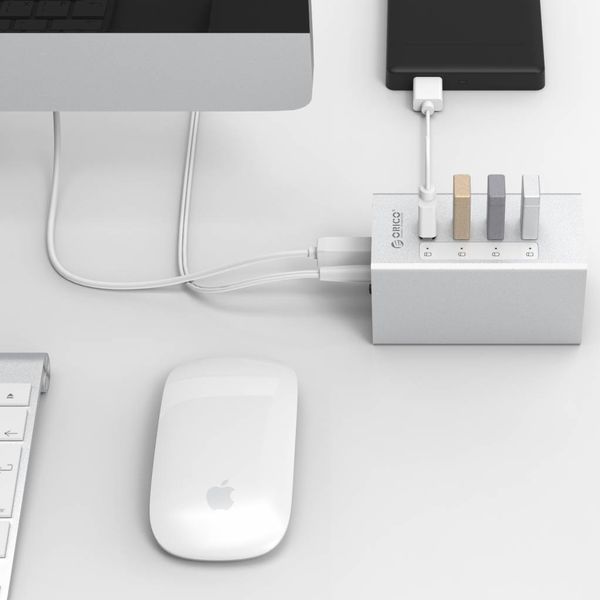 Orico Aluminium USB 3.0-Hub mit vier Ports - Inkl. 12V Netzteil und USB-3.0-Kabel - Mac Style - 5 Gbps - Silber