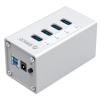 Orico Aluminum USB 3.0 Hub with 4 Ports - Incl. 12V Power Adapter - Silver