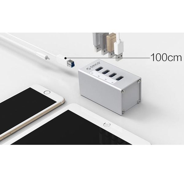 Orico Aluminium USB 3.0-Hub mit vier Ports - Inkl. 12V Netzteil und USB-3.0-Kabel - Mac Style - 5 Gbps - Silber