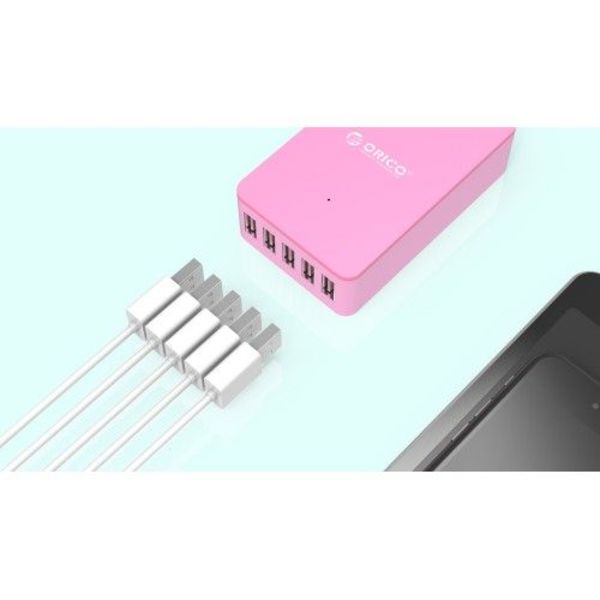 Orico Chargeur de bureau intelligent avec 5 ports de chargement USB - Puce IC - 40W - Rose