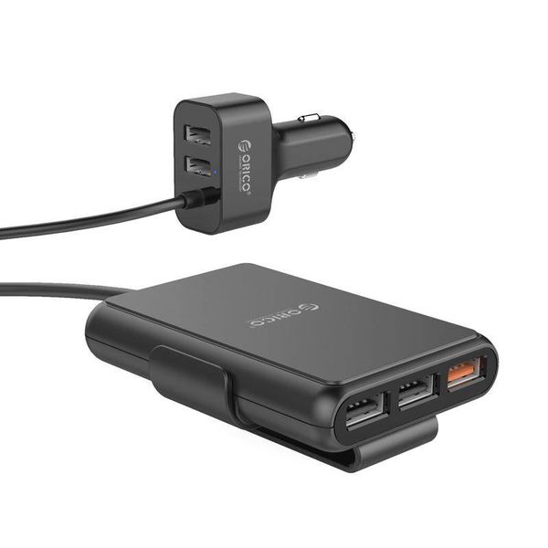 Orico Autolader met 5 USB 3.0 laadpoorten waarvan 1 met Quick Charge 3.0 – Incl. clip om aan de rugleuning te bevestigen – Intelligente Chip – DC12-24V – 52W – zwart