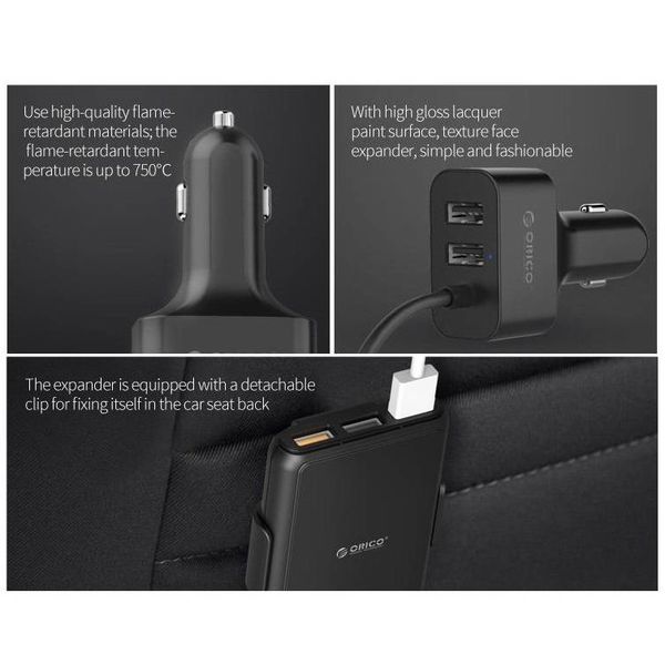 Orico Car charger with 5 USB 3.0 charging ports, 1 with Quick Charge 3.0 - Incl. clip to attach to the backrest - Intelligent Chip - DC12-24V - 52W - black