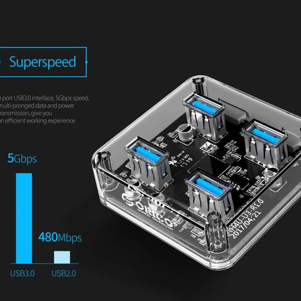 Orico Transparante USB3.0 Hub met 4 poorten – 5 Gbps – Speciale LED-indicator – Datakabel van 30cm