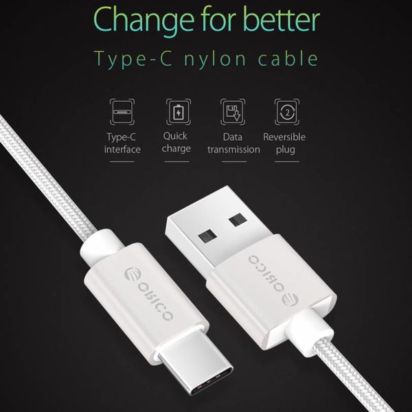 Orico Câble de charge et de données USB Type-C - 3A - Nylon tressé - Aluminium - 1 mètre - Argent