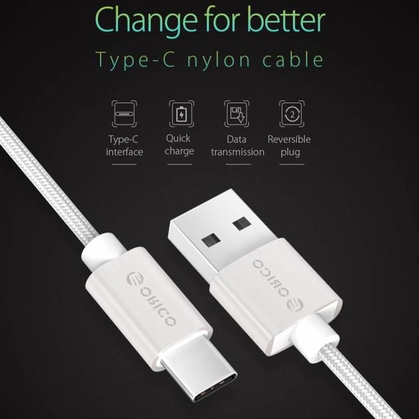 Orico USB Type-C charging and data cable - 3A - Braided Nylon - Aluminum - 1 Meter - Silver
