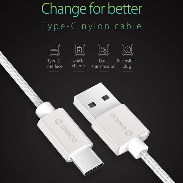 Orico USB Type-C laad- en datakabel - 3A - Gevlochten Nylon - Aluminium - 1 Meter - Zilver